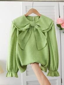 SHEIN Tween 女童纯色彼得潘领长袖宽松可爱衬衫 - 綠色 - 查看 3