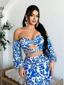 SHEIN SXY Top corta con hombros al descubierto con corte y twist sexy, con estampado completo, para vacaciones