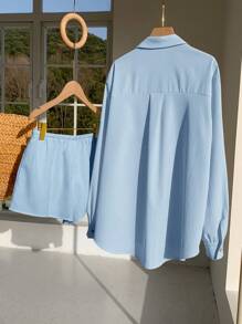 Comfortcana Spring Pastel Color Loose Long Sleeve Shirt & Shorts Set For Women - Blue - View 2
