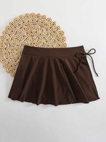 SHEIN Swim Váy bơi thắt eo nơ màu trơn cho nữ - màu nâu - Xem 3