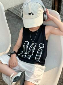SHEIN Young Boys Casual Fitting Printed Sleeveless Knit Tank Top, Versatile For Commute, School, Daily Leisure, Travel, Sports, Suitable For Spring & Summer
