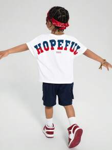 SHEIN Leap Crew 2pcs Kids Young Boy Casual Street, Versatile And Comfortable Letter Printed Round Neck Loose Short Sleeved Pullover T-Shirt In Clean Color Woven Shorts Two Pieces Set Suitable For Commuting To School, Daily Leisure Vacation Travel, Suitable For Sports, Suitable For Spring And Summer Seasons - White - View 7