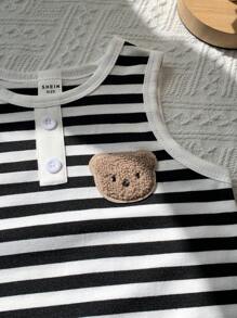 SHEIN Baby Boy Cute Bear Pattern Striped Sleeveless Romper Navy Blue Summer Casual Cute Family Matching Refreshing Versatile Shorts For All Occasions - Multicolor - View 8