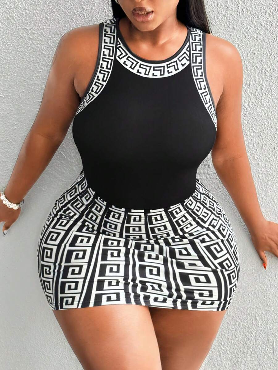 Maweii 2pcs Women Plus Size Colorblock Print Design Neck Decor Camisole And Mini Skirt Set, Spring/Summer New Arrival - Black and White - View 1