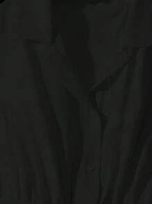 SHEIN Clasi 女士纯色翻领短袖衬衫中长连衣裙 - 黑色 - 查看 3
