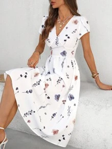 SHEIN Clasi 女士新款优雅 V 领收腰褶皱 A 字形口袋夏装夏装连衣裙教堂服装女士早午餐服装婚礼宾客礼服女士教堂服装女士/教堂服装女士夏季白色女士连衣裙，女士夏季连衣裙 - 彩色 - 查看 5