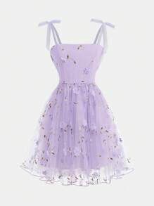 SHEIN Girlism Tween Girl Elegant & Fashionable 3D Flower Net Overlay Spaghetti Strap Dress - Mauve Purple - View 1