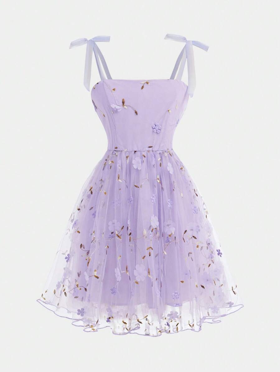 SHEIN Girlism Tween Girl Elegant & Fashionable 3D Flower Net Overlay Spaghetti Strap Dress - Mauve Purple - View 1