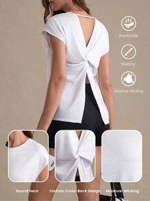 Damen Einfarbiges Twist-Rücken Design Lässig Fitness Workout T-Shirt