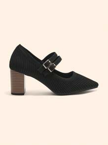 CUCCOO BASICS Zapatos de tacón alto grueso con punta puntiaguda y estilo Mary Jane con estampado de veta de madera negra para mujer, para uso cotidiano, citas, fiestas, vacaciones y compras