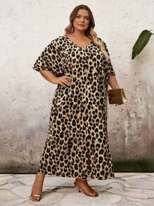 SHEIN CURVE+ CURVE 大码 V 领长袖纯色拼接宽松休闲连衣裙，Curve Plus，波西米亚风女士度假海滩装/沙滩裙/海滩度假装/海滩必备品/毕业/茶会礼服 - 棕色 - 查看 6