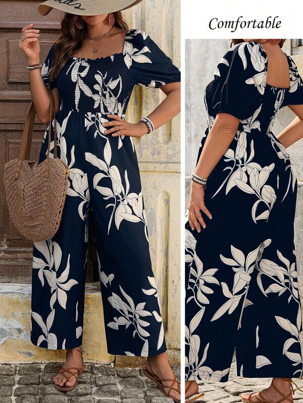 SHEIN Holidaya Vintage-Blume Muster Off-Shoulder Jumpsuit in Übergrößen, lässige Mode für Frühling/Sommer
