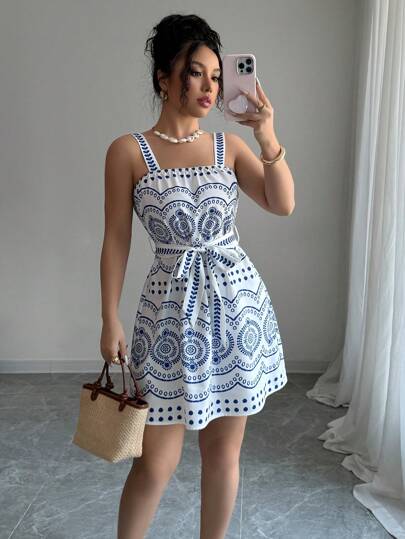 Elenzga Vestido elegante para dama con estampado de plantas y ajuste en la cintura