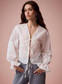 Enchnt Women's White Autumn Boho Vacation Holiday Exquisite Floral Eyelet Cut-Out Embroidered Front Bowknot Long Sleeve Ruffle Trim Shirt,Casual - White - View 5
