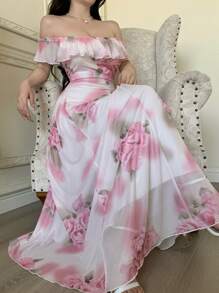 Modelyn Women's Off-Shoulder Mesh Printed Ruffled Hem Flare Dress, Summer - White - View 6