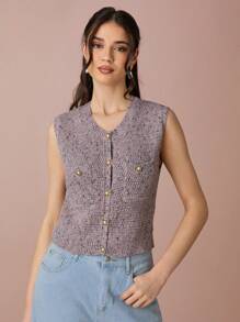 Enchnt Women's Solid Color Front Button Pocket Elegant Sleeveless Sweater Vest - Dusty Pink - View 6