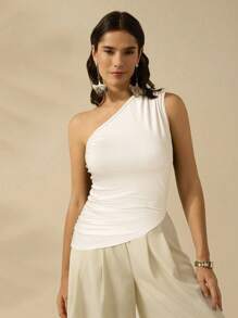 CAJUNI 女士度假休闲夏季黑色不对称领口上衣 - 杏色 - 查看 1