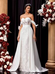 Glamrae Vestido largo de encaje y satén con bordados, escote hombros descubiertos, lazo y diseño de cola de sirena con vuelo extra, apropiado para boda, fiesta, luna de miel, novia - Beis - Ver 7