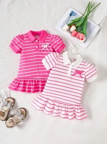 Souflis Souflis 2 Packungen Baby Mädchen, süßes und modisches Polo-Kragen gestreiftes Kleid, geeignet für Sommer, Urlaub und Reisen