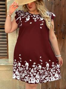 SHEIN VCAY Plus Size Casual Summer Floral Print Ruffle Trim Loose Dress Plus Size Christmas - Burgundy - View 3