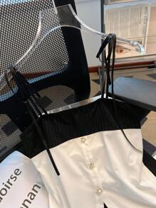 Franclia 女士蝴蝶结拼接撞色休闲吊带 - 黑與白 - 查看 3