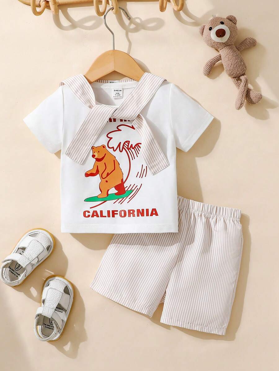 SHEIN 3pcs/Set Baby Boys White Cute California Bear Surfing Graphic Round Neck Short Sleeve Top,Shorts & Shoulder Cape Outfit,Infant Summer Vacation Holiday - Khaki - View 1