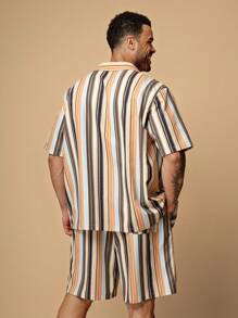 EASEVO 大码男士竖条纹宽松休闲衬衫和短裤套装 - 米色 - 查看 2