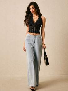 Poéselle Women's Lace Cropped Fitted Halter Neck Tank Top