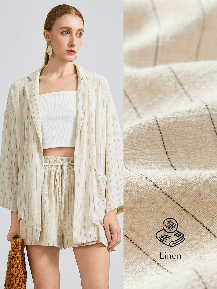 Ontre 2025 新款时尚条纹休闲西装外套，度假风格条纹 3/4 袖缺口领单排扣女士薄西装外套，春夏 - 杏色 - 查看 1