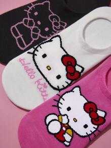 HELLO KITTY AND FRIENDS | SHEIN 5 Pairs Women Breathable Soft Boat Socks/Invisible Socks, Reinforced Toe & Heel, Cute Bow Pattern, Assorted Colors, Suitable For Spring & Summer