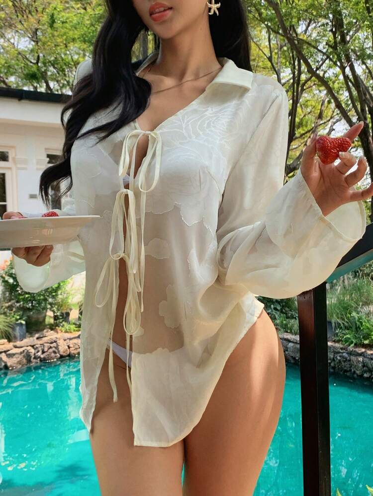 Women's Solid Color Tie-Up Cover Up Casual Cover Up For Beach & Holiday Vacation