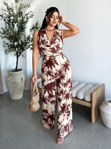 SHEIN SXY Women's Boho Palm Tree Print Sleeveless Cowl Neck Long Jumpsuit: Woven Fabric, Multicolor, Knot Detail For A Stylish Look. - Multicolor - View 7