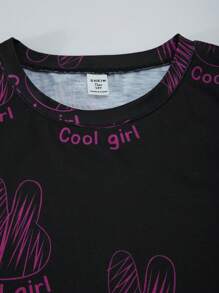Teen Girls 2pcs Set: Graphic Print Round Neck T-Shirt + Deep Pink Cargo Pants - Hot Pink - View 5