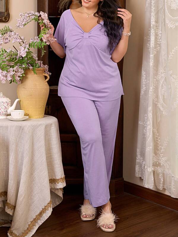 Côtesoire Plus Size Simple Casual Twist Bust Design Pajama Set
