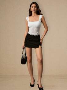 Poéselle 女士花卉提花对比蕾丝蝴蝶结装饰优雅 T 恤 - 白色 - 查看 4