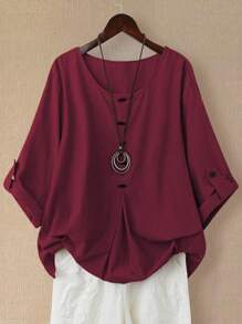 EMERY ROSE Women's Linen Asymmetrical Hem Long Sleeve Blouse, Spring/Summer - Burgundy - View 1