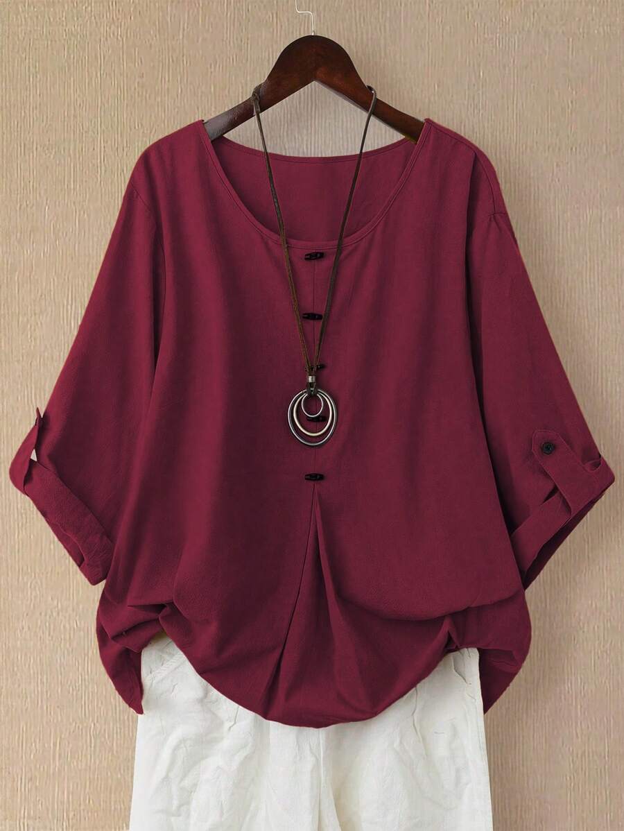 EMERY ROSE Women's Linen Asymmetrical Hem Long Sleeve Blouse, Spring/Summer - Burgundy - View 1