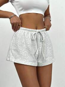 SHEIN PETITE Summer Casual Solid Color Drawstring Waist Shorts - Light Grey - View 5