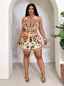 Slaydiva 春夏新品、音乐节、复活节、西部风、波西米亚风、纳什维尔风格、生日派对、毕业典礼、学生装、日常穿着、休闲风、百搭单品、度假、邮轮旅行、海滩、日光浴、印花、露背、系带、荷叶边、女士套装、波西米亚风假日装 - 杏色 - 查看 1