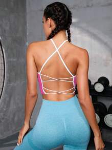 SHEIN Sports Seamless High Elastic Racerback Sports Bra With Contrast Binding - Hot Pink - View 5