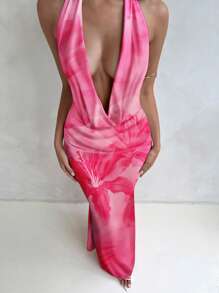 Aloruh 女士休闲全花卉印花 V 领长裙，适合夏季 - 粉色 - 查看 5