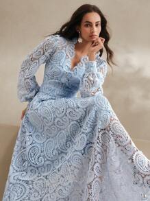 Anewsta Spring/Summer Women's V-Neck Lace Embroidery Floral Cinched Waist Lantern Sleeve Dress