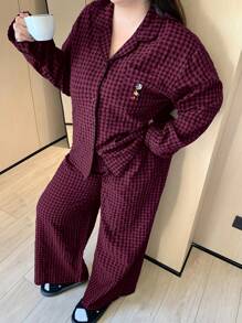 Dazy Plus Plus Size Plaid Loose Pajamas Set, Shirt & Pants, All Season Home Wear, Cozy Outfits, Fall Winter Clothes - Coral Pink - View 5