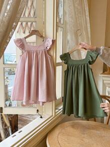 Blossori Young Girls Elegant French Style Multi-Piece Woven Square Collar Dress, Pink/Green,Spring/Summer - Multicolor - View 2