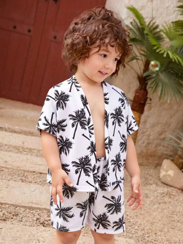 Ensemble de maillot de bain bébé garçon - Maillot de bain en tissu tissé imprimé palmiers, avec chapeau