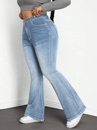 SHEIN ICON Plus Size Women Pockets Flared Casual Versatile Denim Jeans