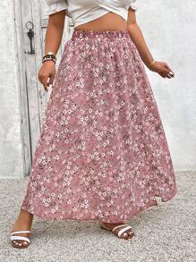 SHEIN VCAY Plus Size Women Vacation Elastic Waist Slit Hem Ditsy Floral Skirt - Multicolor - View 3