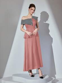 Modelyn 女式长款千鸟格不对称领口腰部修身喇叭形韩版连衣裙 - 粉色 - 查看 6
