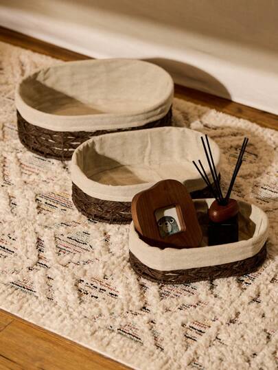 Cirelle 1PC Storage Basket Straw Braid With Interlining Cloth Hand-Woven Basket Underwear Storage Basket Toys Snacks Sundries Desktop Storage Box