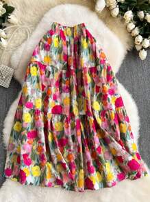 SHEIN VCAY Women's Oil Painting Floral Garden Print Elegant A-Line Skirt